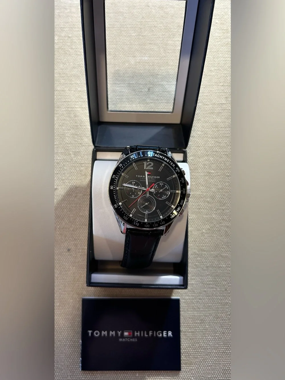 Tommy Hilfiger Watch With 46mm Black Chronograph Face & Black Leather Band